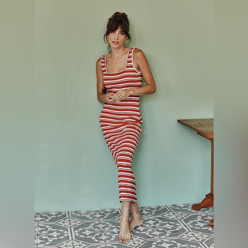 The Softest Ribbed Maxi Dress - Berry & White Sand Stripe - M
